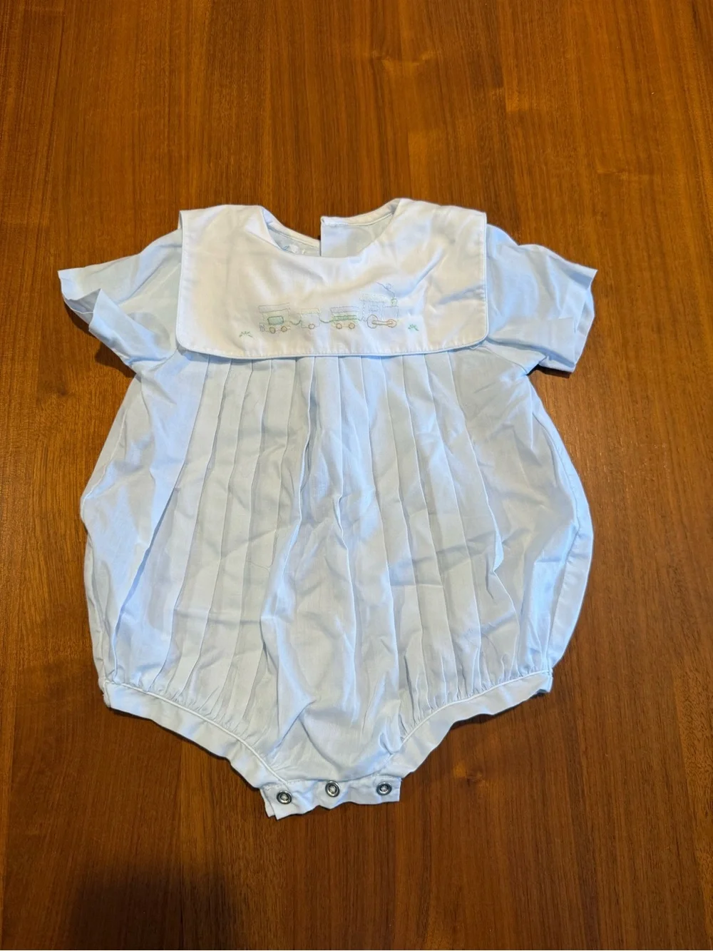 Petit Ami Light Blue Baby Bubble Romper with Embroidered Yoke